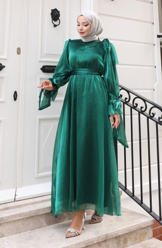 Robe De Soirée En Tulle Organza Plissé à La Taille Et Ceinture 5611-02 Vert émeraude 5611-02