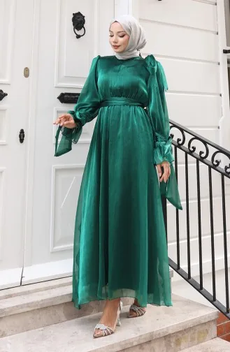 Robe De Soirée En Tulle Organza Plissé à La Taille Et Ceinture 5611-02 Vert émeraude 5611-02