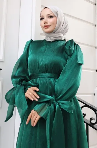 Robe De Soirée En Tulle Organza Plissé à La Taille Et Ceinture 5611-02 Vert émeraude 5611-02