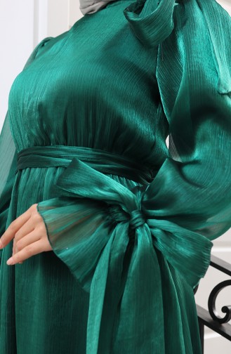 Robe De Soirée En Tulle Organza Plissé à La Taille Et Ceinture 5611-02 Vert émeraude 5611-02