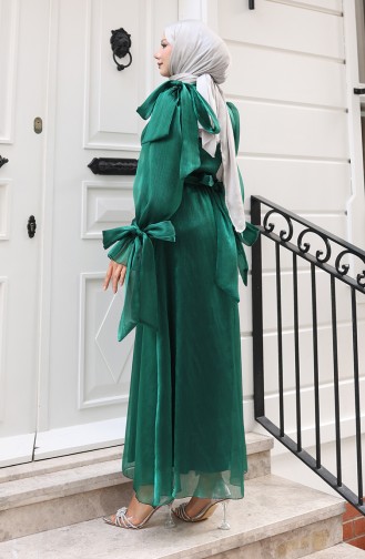 Robe De Soirée En Tulle Organza Plissé à La Taille Et Ceinture 5611-02 Vert émeraude 5611-02