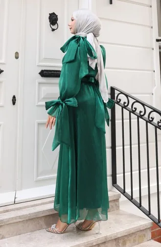 Robe De Soirée En Tulle Organza Plissé à La Taille Et Ceinture 5611-02 Vert émeraude 5611-02