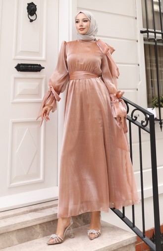 فستان سهرة من قماش التول الأورجانزا مع حزام خصر مطوي 5611-03 بلون القهوة الحليبية 5611-03