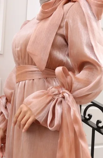 فستان سهرة من قماش التول الأورجانزا مع حزام خصر مطوي 5611-03 بلون القهوة الحليبية 5611-03