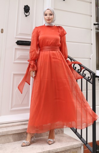 Organza Tule Taille Geplooide Riem Avondjurk 5611-04 Oranje 5611-04