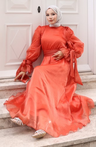 Organza Tule Taille Geplooide Riem Avondjurk 5611-04 Oranje 5611-04