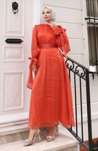 Organza Tule Taille Geplooide Riem Avondjurk 5611-04 Oranje 5611-04