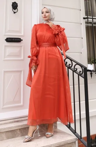 Organze Tül Beli Büzgülü Kuşaklı Abiye Elbise 5611-04 Oranj