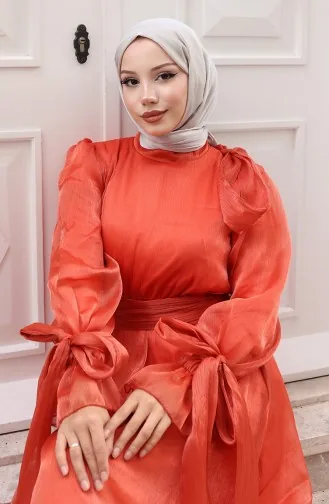 Organze Tül Beli Büzgülü Kuşaklı Abiye Elbise 5611-04 Oranj