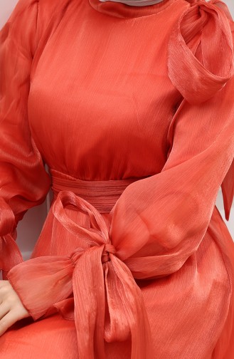 Organza Tule Taille Geplooide Riem Avondjurk 5611-04 Oranje 5611-04