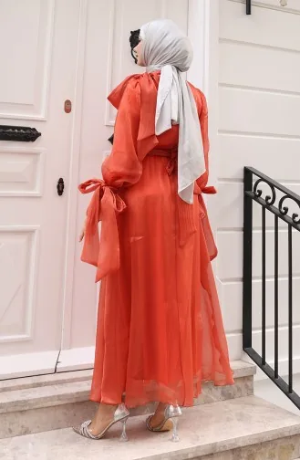 Organze Tül Beli Büzgülü Kuşaklı Abiye Elbise 5611-04 Oranj