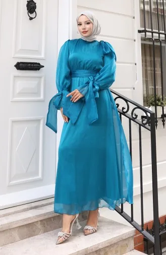 Robe De Soirée En Organza Et Tulle Plissée à La Taille Et Ceinturée Référence 5611-05 Pétrole 5611-05