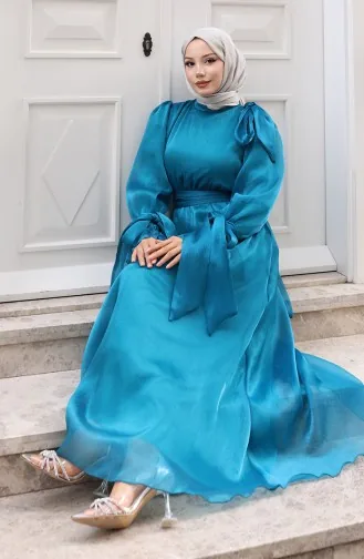 Robe De Soirée En Organza Et Tulle Plissée à La Taille Et Ceinturée Référence 5611-05 Pétrole 5611-05