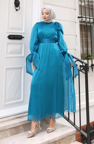 Robe De Soirée En Organza Et Tulle Plissée à La Taille Et Ceinturée Référence 5611-05 Pétrole 5611-05