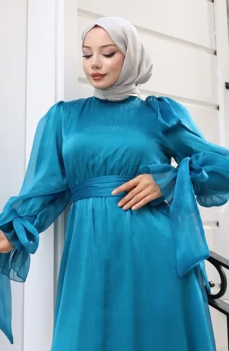 Robe De Soirée En Organza Et Tulle Plissée à La Taille Et Ceinturée Référence 5611-05 Pétrole 5611-05