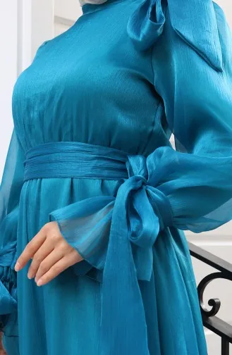 Robe De Soirée En Organza Et Tulle Plissée à La Taille Et Ceinturée Référence 5611-05 Pétrole 5611-05