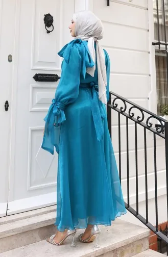 Robe De Soirée En Organza Et Tulle Plissée à La Taille Et Ceinturée Référence 5611-05 Pétrole 5611-05