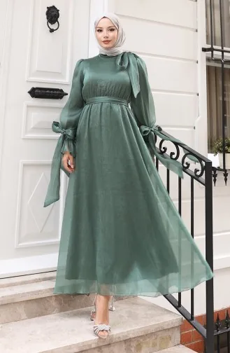 فستان سهرة من قماش التول الأورجانزا مع حزام خصر مطوي 5611-07 كاكي 5611-07