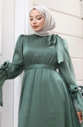 فستان سهرة من قماش التول الأورجانزا مع حزام خصر مطوي 5611-07 كاكي 5611-07