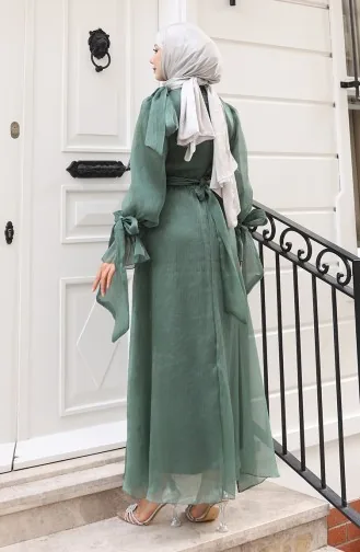 فستان سهرة من قماش التول الأورجانزا مع حزام خصر مطوي 5611-07 كاكي 5611-07