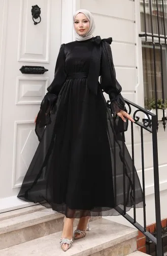 Robe De Soirée En Organza Et Tulle Plissée à La Taille Et Ceinturée Modèle 5611-08 Noire 5611-08