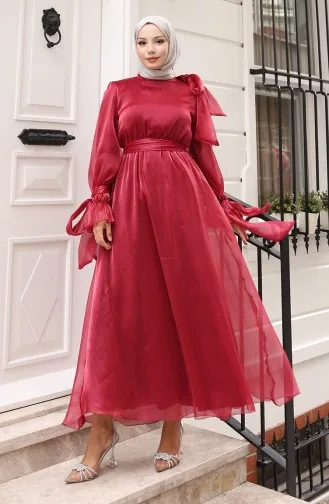 Organza Tulle Waist Pleated Belted Evening Dress 5611-09 Burgundy 5611-09