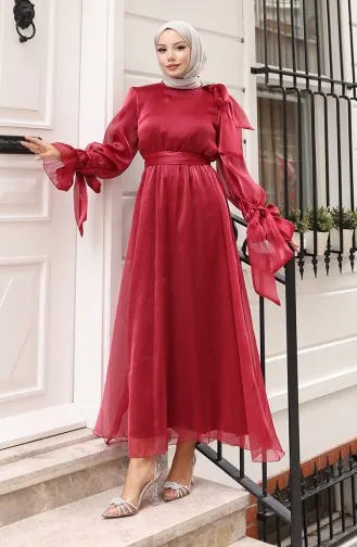 Organza Tulle Waist Pleated Belted Evening Dress 5611-09 Burgundy 5611-09