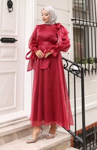 Organza Tulle Waist Pleated Belted Evening Dress 5611-09 Burgundy 5611-09