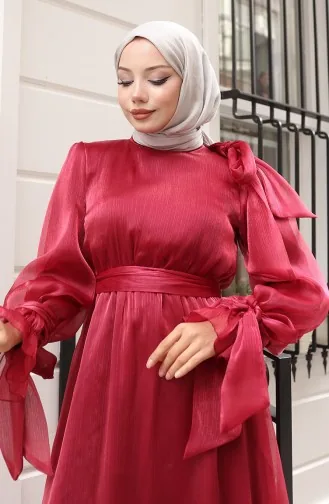 Organza Tulle Waist Pleated Belted Evening Dress 5611-09 Burgundy 5611-09