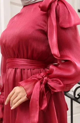 Organza Tulle Waist Pleated Belted Evening Dress 5611-09 Burgundy 5611-09