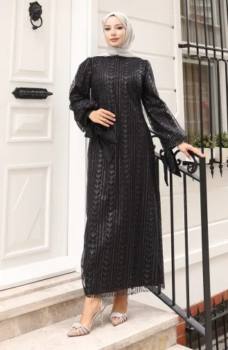 Glitzerndes Abendkleid Mit Blattmuster Modell 5612-01 Schwarz 5612-01