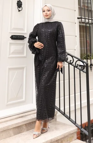 Glitzerndes Abendkleid Mit Blattmuster Modell 5612-01 Schwarz 5612-01