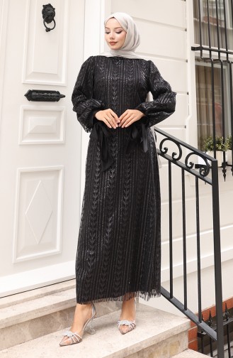 فستان سهرة لامع بنقشة أوراق الشجر 5612-01 أسود 5612-01