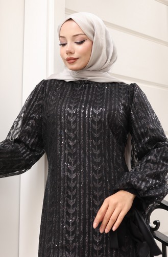 فستان سهرة لامع بنقشة أوراق الشجر 5612-01 أسود 5612-01