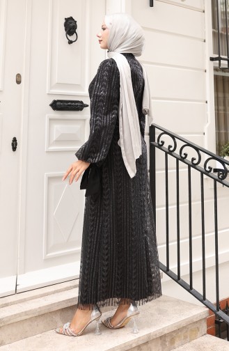 فستان سهرة لامع بنقشة أوراق الشجر 5612-01 أسود 5612-01