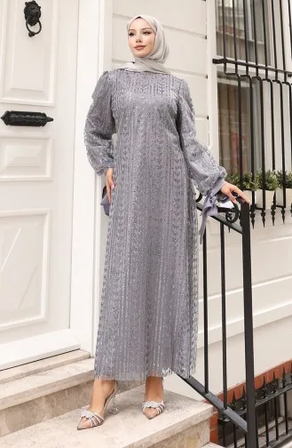 Leaf Patterned Glittery Coated Evening Dress 5612-02 Gray 5612-02