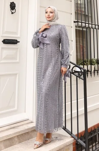 Leaf Patterned Glittery Coated Evening Dress 5612-02 Gray 5612-02