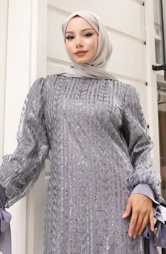 Leaf Patterned Glittery Coated Evening Dress 5612-02 Gray 5612-02