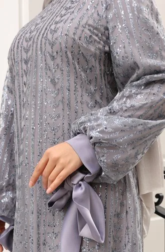 Leaf Patterned Glittery Coated Evening Dress 5612-02 Gray 5612-02