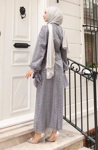 Leaf Patterned Glittery Coated Evening Dress 5612-02 Gray 5612-02