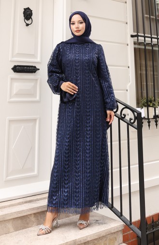 Avondjurk Met Bladmotief En Glittercoating Marineblauw 5612-03 5612-03