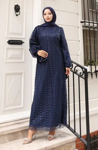 Leaf Patterned Glittery Coated Evening Dress 5612-03 Navy Blue 5612-03