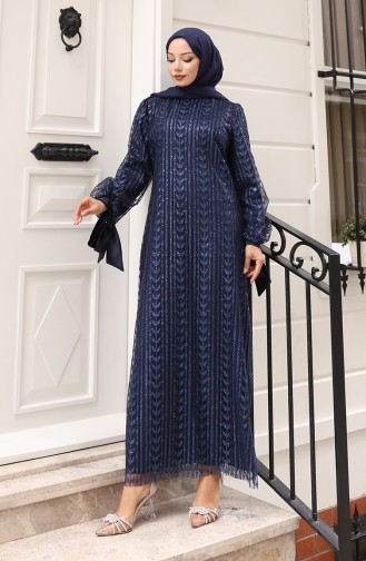 Avondjurk Met Bladmotief En Glittercoating Marineblauw 5612-03 5612-03