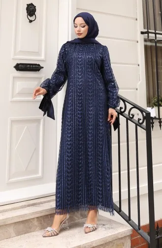 Leaf Patterned Glittery Coated Evening Dress 5612-03 Navy Blue 5612-03