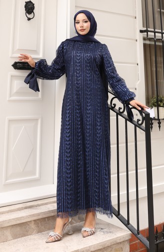 Avondjurk Met Bladmotief En Glittercoating Marineblauw 5612-03 5612-03