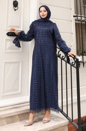 Leaf Patterned Glittery Coated Evening Dress 5612-03 Navy Blue 5612-03