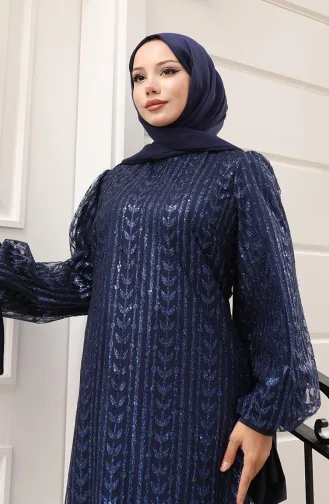 Leaf Patterned Glittery Coated Evening Dress 5612-03 Navy Blue 5612-03