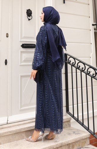 Avondjurk Met Bladmotief En Glittercoating Marineblauw 5612-03 5612-03