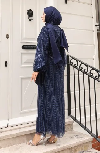 Leaf Patterned Glittery Coated Evening Dress 5612-03 Navy Blue 5612-03