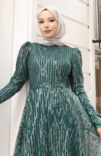 Sim Kaplama Kuşaklı Abiye Elbise 5613-01 Zümrüt Yeşili